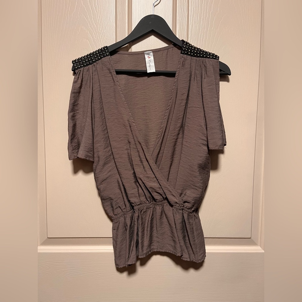 5th Culture Studded Shoulder Wrap-Front Women’s Top in Taupe.